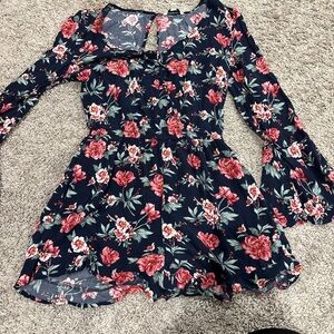 American Eagle Outfitters Navy Floral Long-Sleeve Romper with Pink Blooms